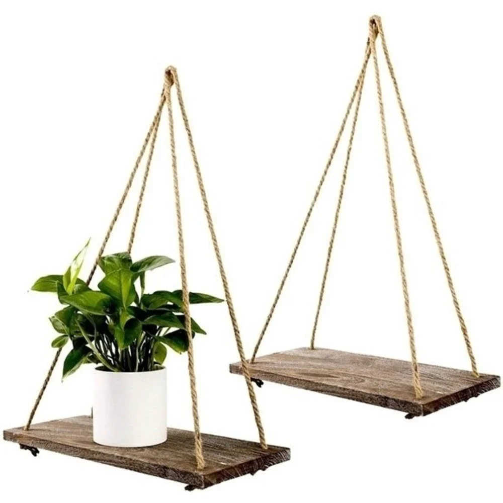 Boho Rustic Wall Hanging Wood Floating Shelves, Set of 2